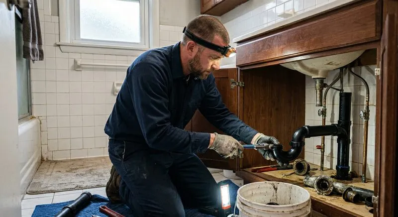 Professional plumber repairing drain pipes
